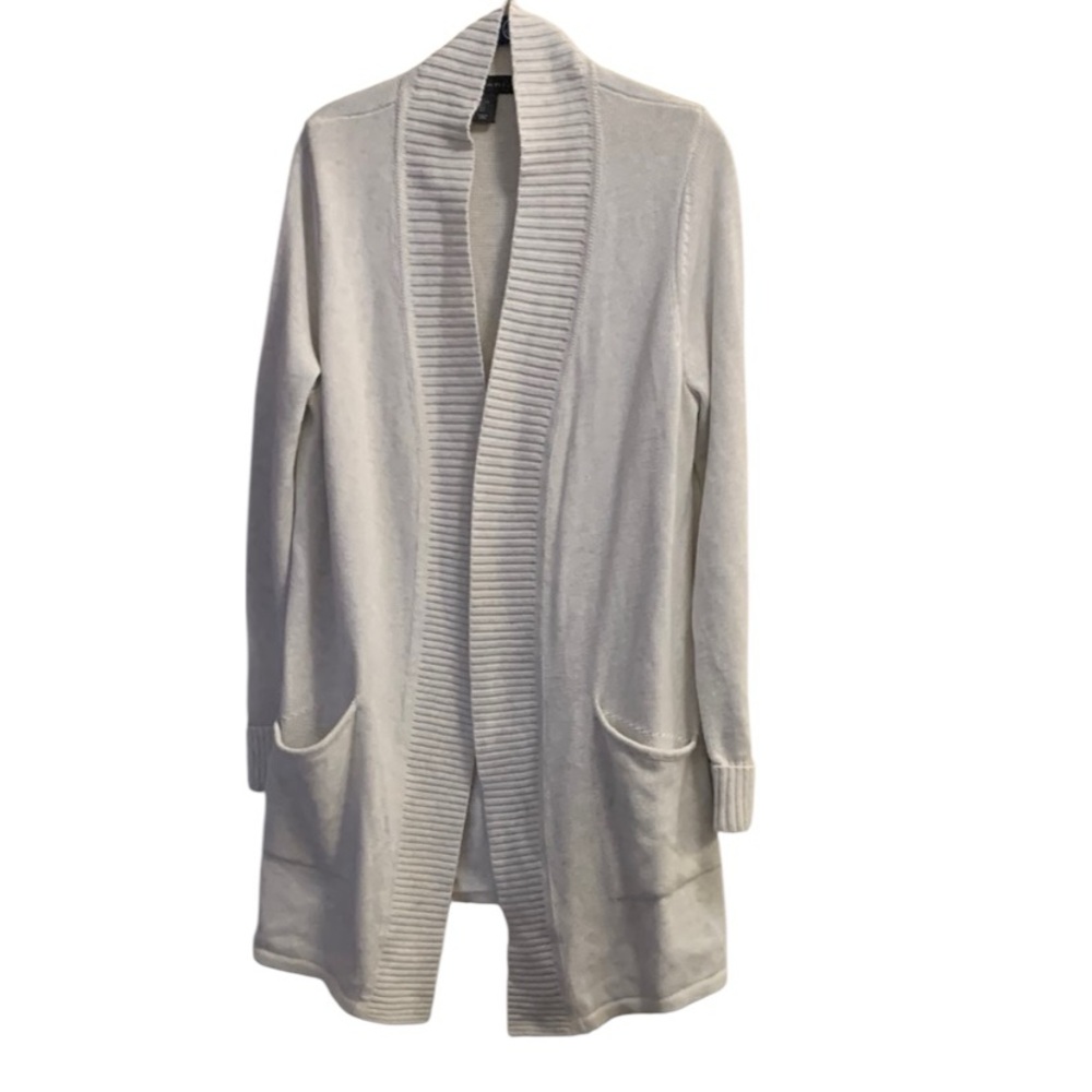 Tahari Long Cream Duster Open Cardigan Long Sweater Large Cotton Polyester